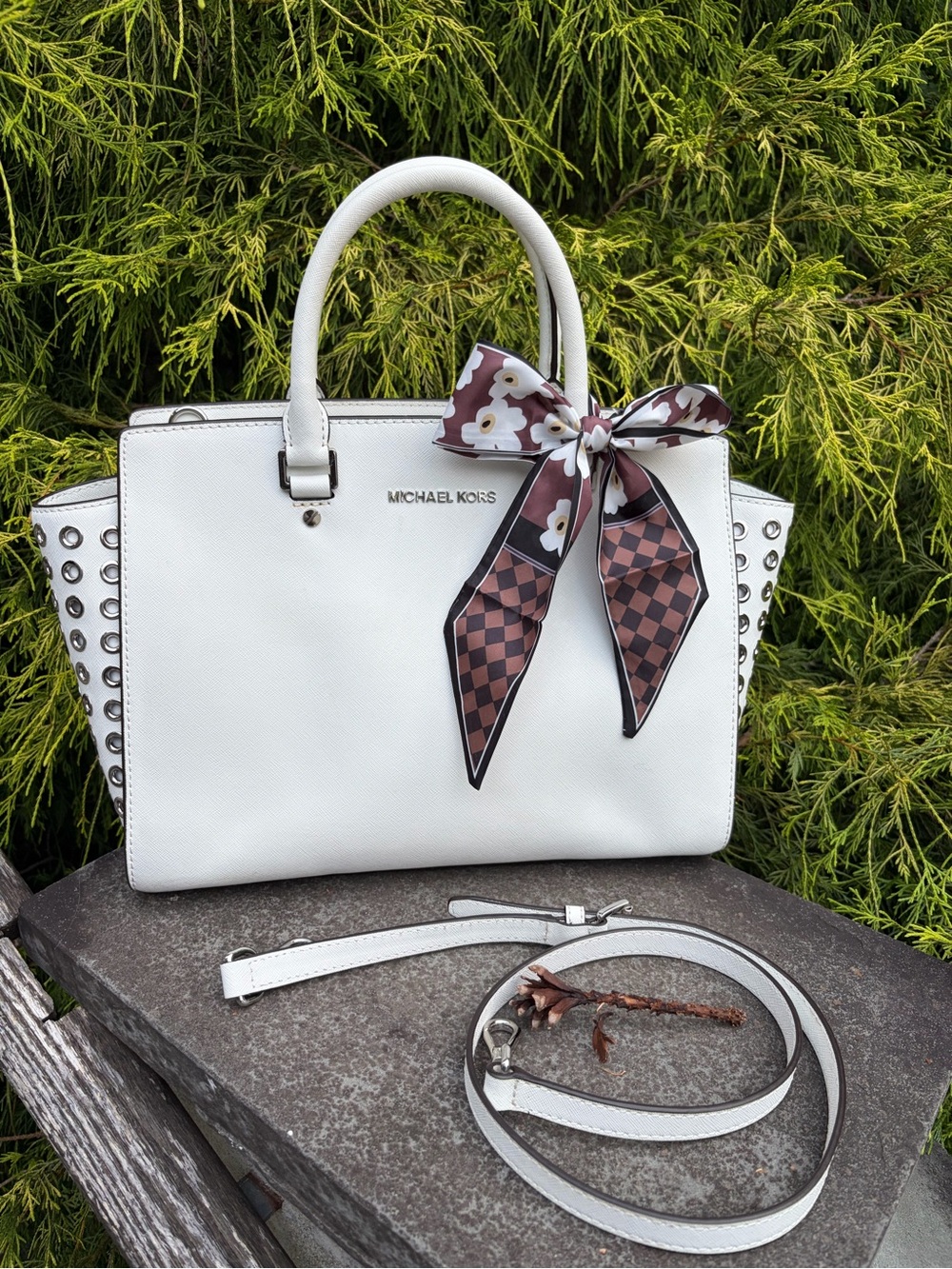 MICHAEL Kors Selma White Saffiano Leather Studded Satchel Crossbody
